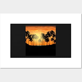 Orange sky blue water sunset at the beach Posters and Art